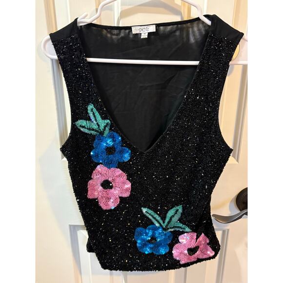 Cache Tops - NWOT Vintage Cache Vintage Beaded sequin flower sleeveless top m
